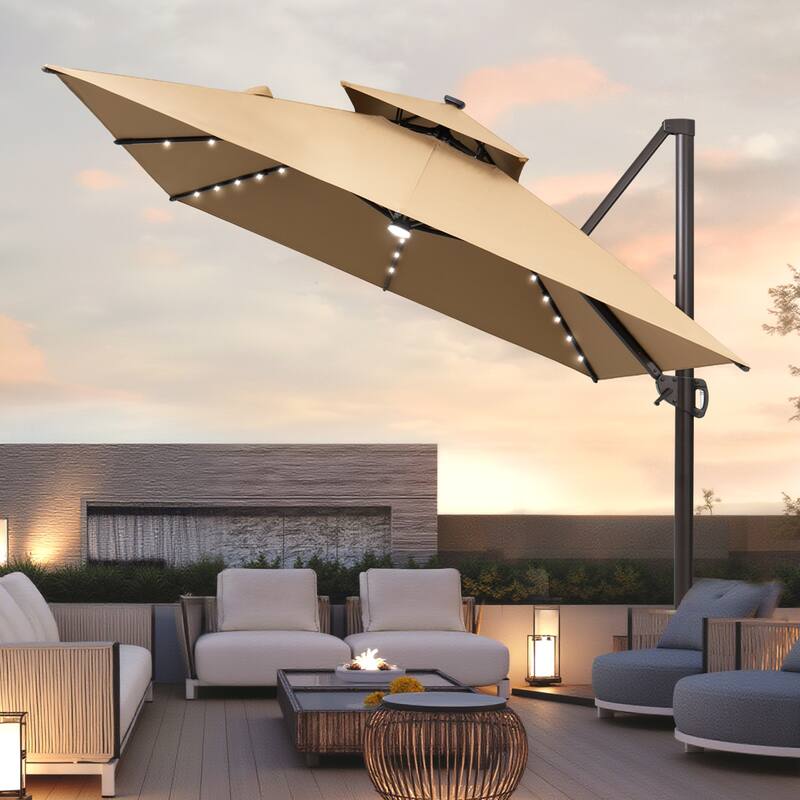 Solar LED Light 9 x 11FT Rectangular Outdoor Cantilever Patio Daul Top Umbrella without Base