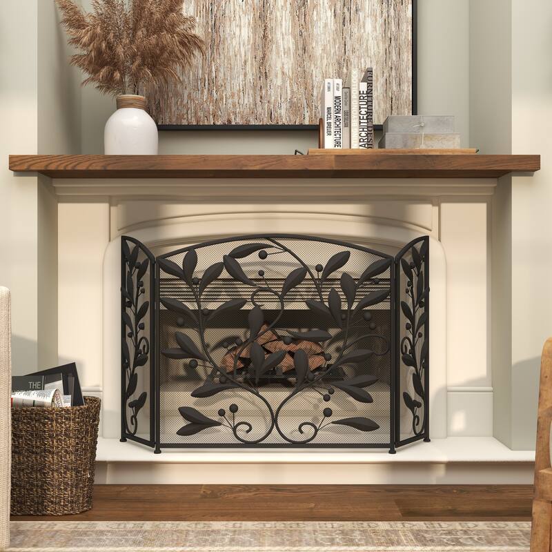 Black Metal Foldable 3 Panel Scroll Fireplace Screen with Leaf and Vine Relief