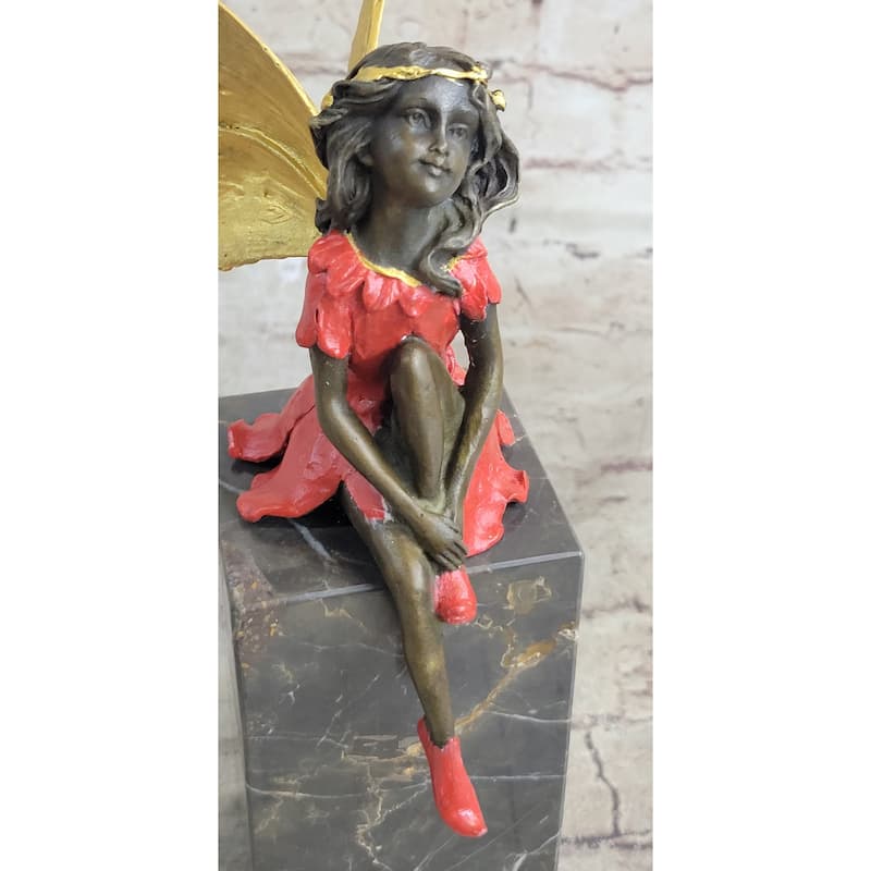 Colorful Winged Fairy Girl Bronze Sculpture Statue Figure On Marble Base By Milo