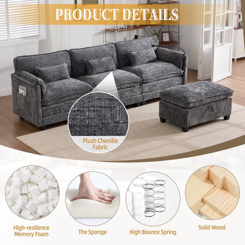 HOMEFUN Chenille Upholstered L-shaped Phone Holder Modular Sectional Sleeper Sofa with Movable Storage Ottoman