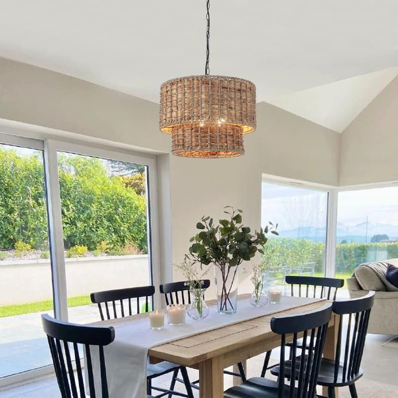 5-Light Farmhouse 2-Tier Candlestick Hanging Linear Chandelier Lighting with Rattan Cover for Dining Room Kitchen Island