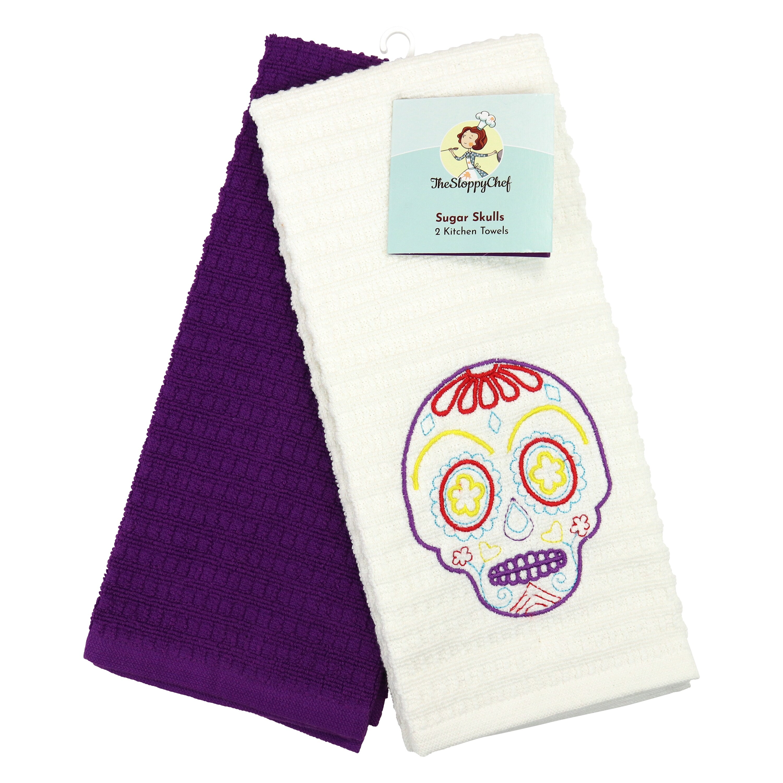 Embroidered Sugar Skull Design Set of 2 Kitchen Towels 16 x 26 Cotton Towels 