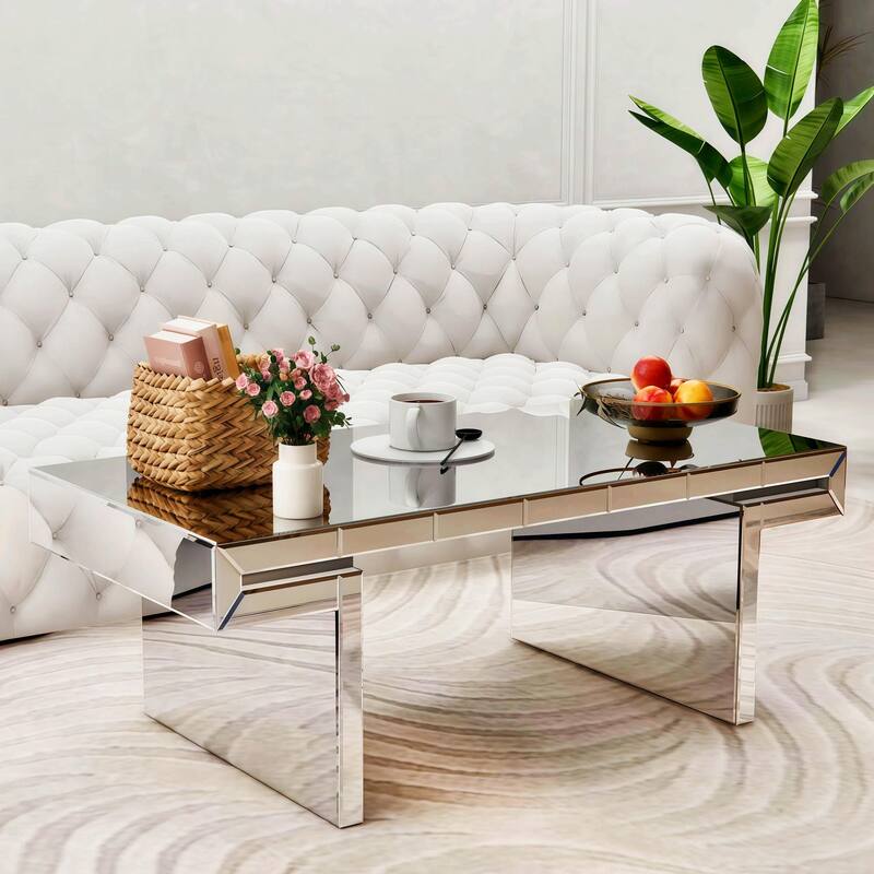 47-Inch Luxury Rectangular Mirror Coffee Table with Fluted Tempered Glass