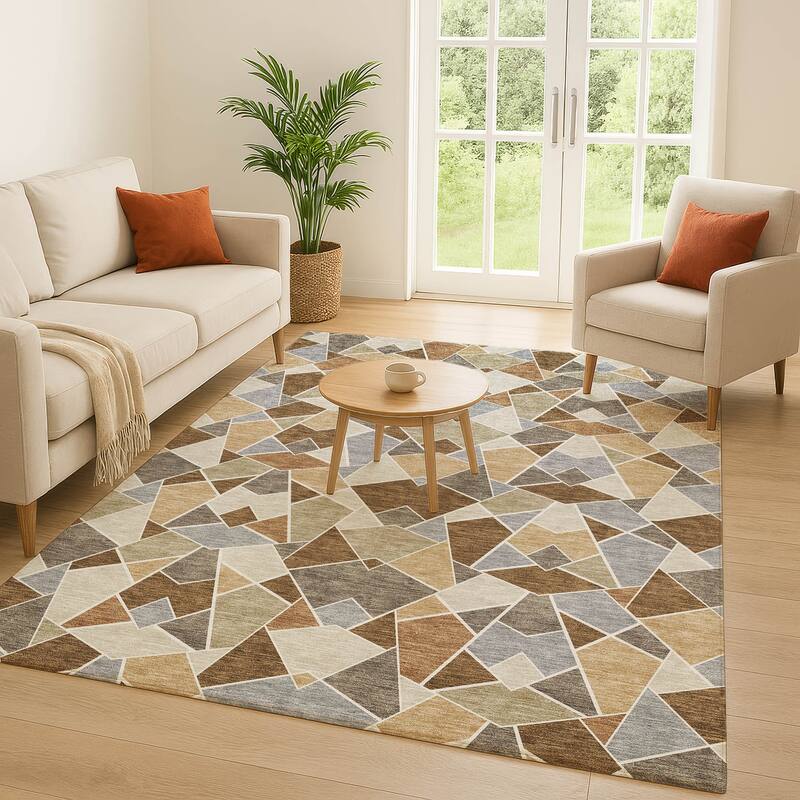 Machine Washable Indoor/ Outdoor Modern Mosaic Chantille Rug