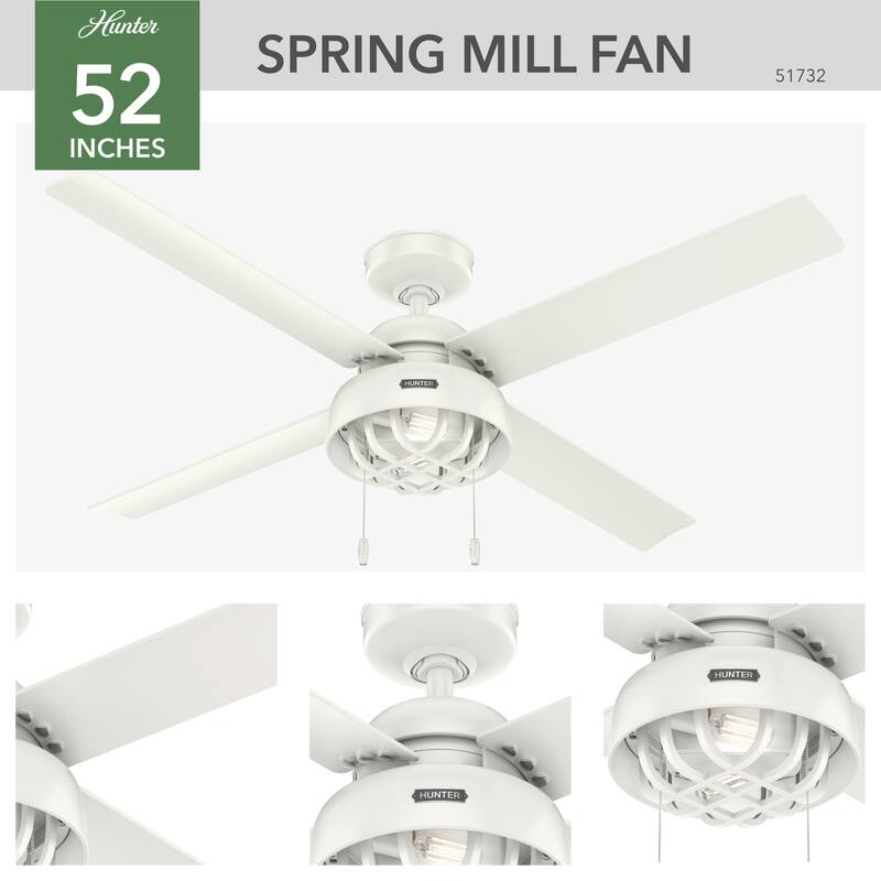 Hunter 52" Spring Mill Outdoor Ceiling Fan w/ LED Light and Pull Chain, Damp-Rated - Industrial, Transitional, Caged