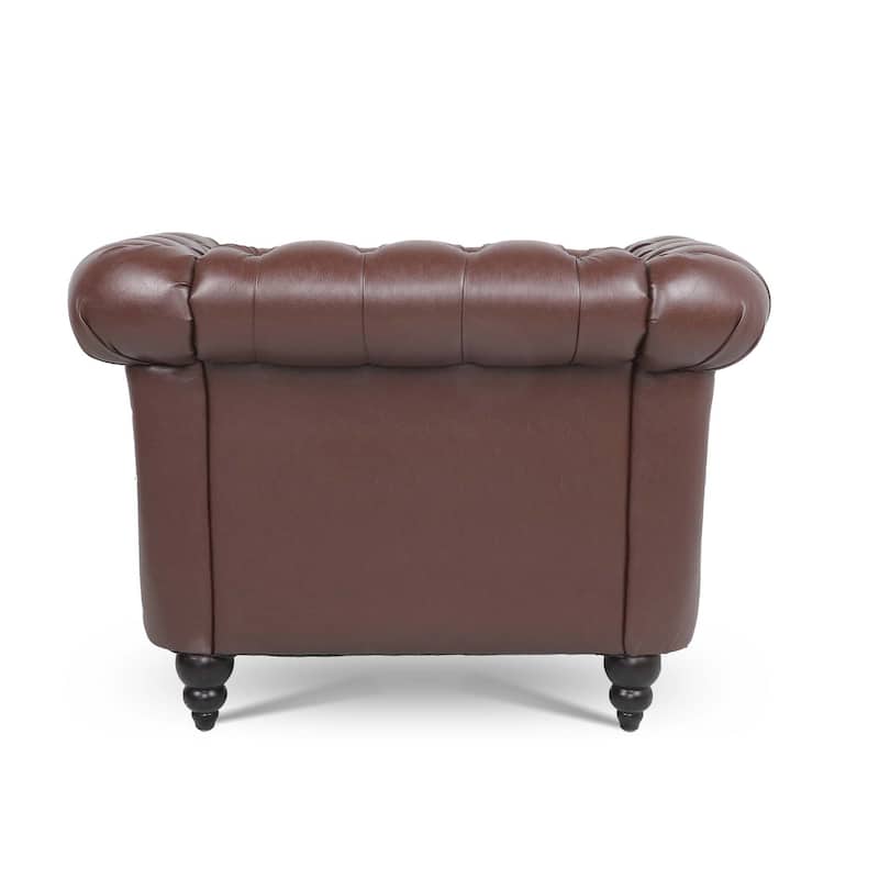 Traditional Rolled Arm Chesterfield 1 Seater Sofa,Living Room PU Leather Seat Cushions & Nailheads Finish Sofa with Wood Legs