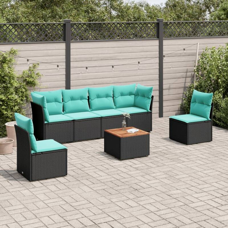 vidaXL 7 Piece Patio Sofa Set with Cushions Black Poly Rattan - 24.4 x 24.4 x 27.2 - Black-2x corner + 4x middle + table