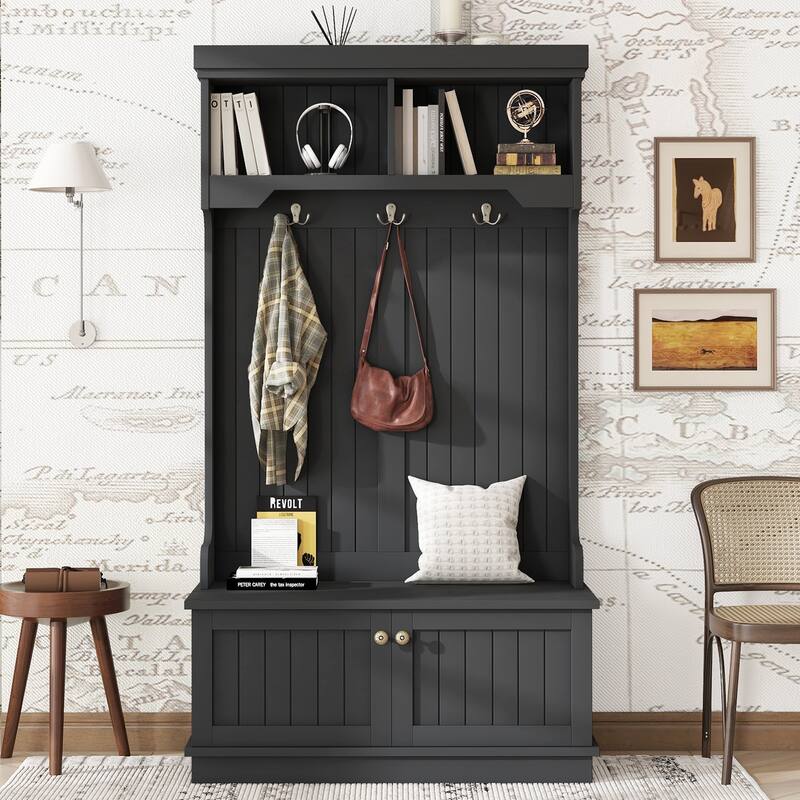 4-in-1 Hall Tree with Storage Bench and Coat Rack for Entryway - Black