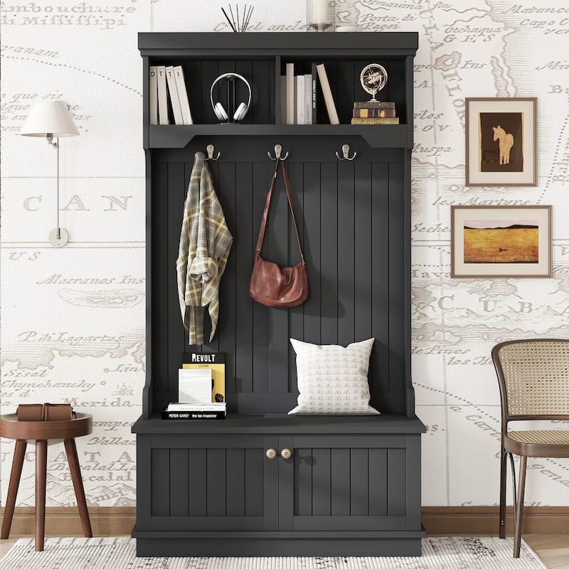 GDFStudio - Cherry Hall Tree with Shoe Bench, Coat Hooks and Display Shelves - 4-in-1 Entryway Organizer - Black