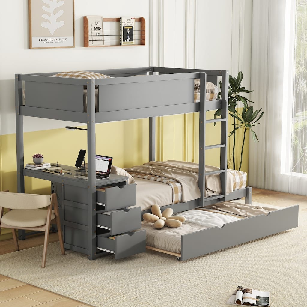 Gray Bunk Bed with Twin Trundle, Desk, 3 Drawers, USB Outlets and Safety Guardrails