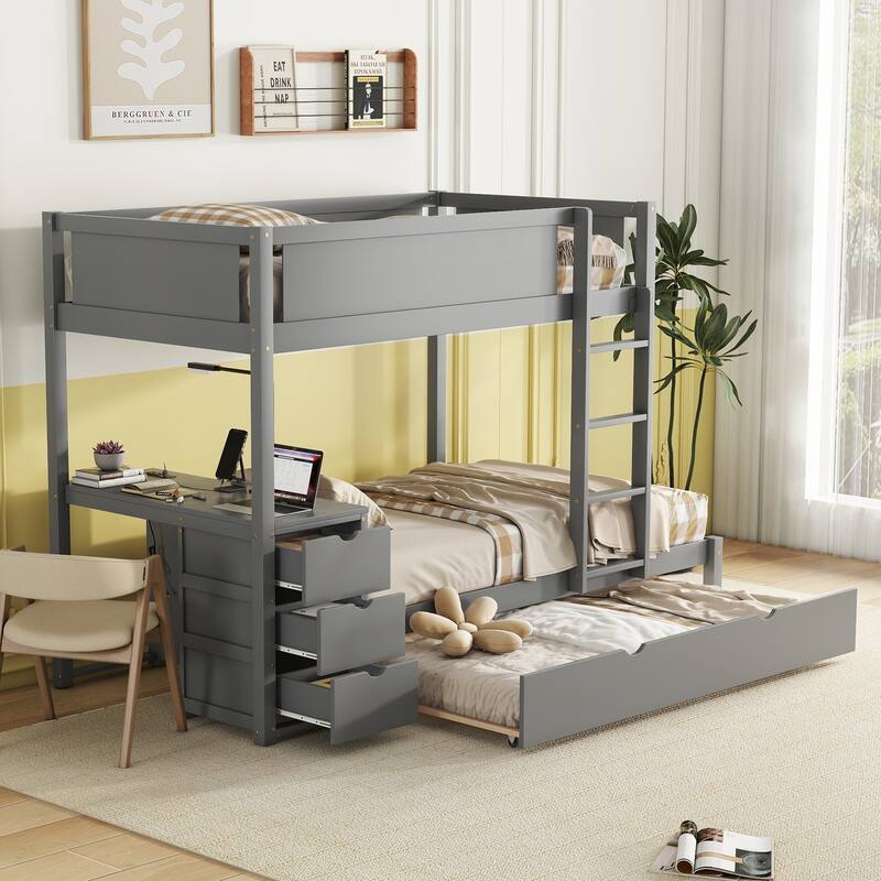 Twin-Over-Twin Bunk Bed with Trundle, Storage, and Desk in Gray - Gray