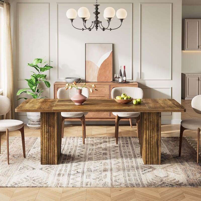 70.1'' Farmhouse Dining Table, Rustic Rectangle Wood Kitchen Table with Fluted Pedestal Base
