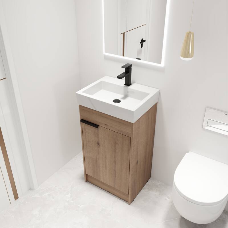 Malwee 18" FreeStanding Bathroom Vanity, Floor Stand Bathroom Vanity with Ceramic Sink,Soft Close Door and adjustable shelf - Colored - 19"×15"34.6" - Brown