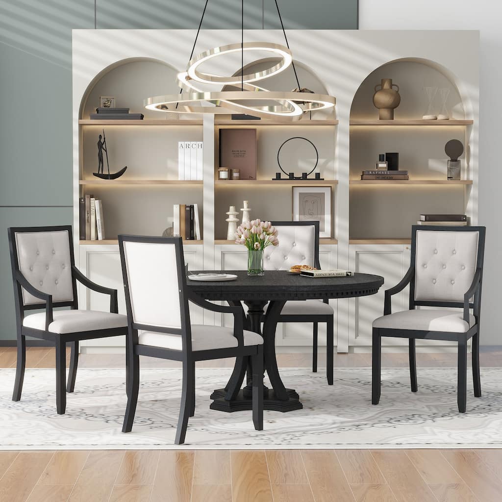 5-Piece Round Dining Set, Extendable Dining Table with 4 Cushioned Chairs, Kitchen Table Set for Dining Room