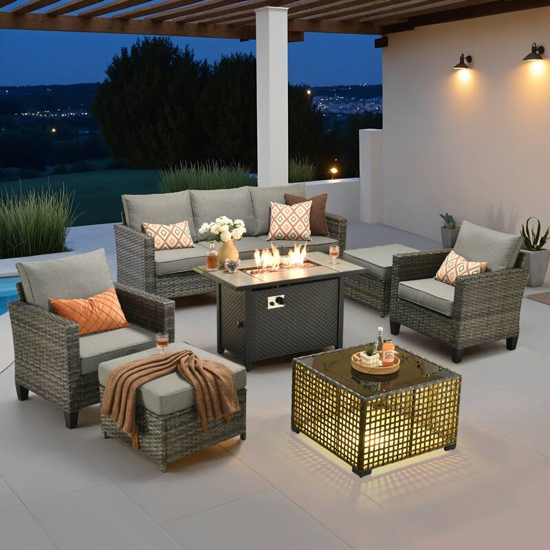 OVIOS 7 Pieces Patio Furniture Set with Solar-Powered Table & Fire Pit - DarkGrey