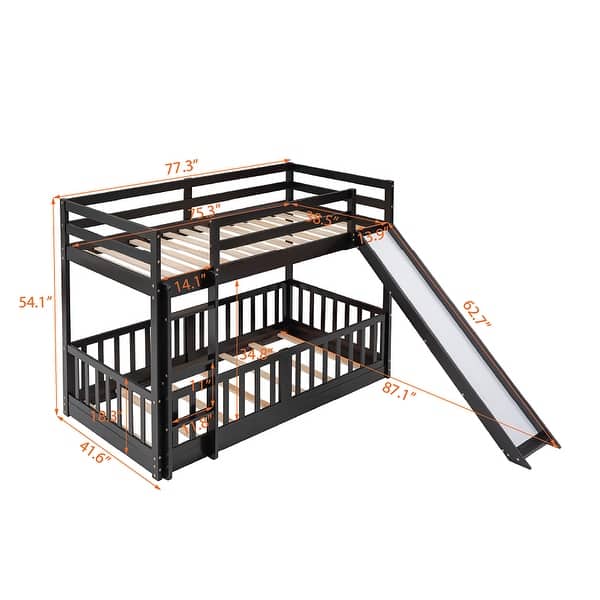 dimension image slide 0 of 3, Elegant Twin Over Twin Bunk Bed with Low Slide, Built-in Ladder and Guardrails, Maximized Space, Solid Construction, White