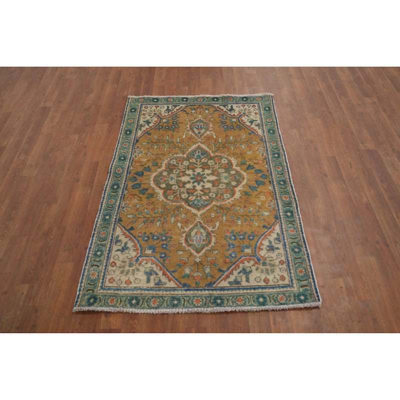 Hand Knotted Oriental 100% Wool Carpet Traditional Floral Oranges & Rust Tabriz Area Rug - 4' 10'' X 3' 2''