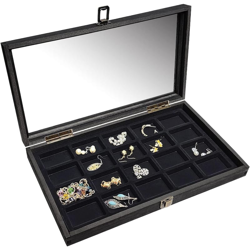 Natural Wood Glass Top Jewelry Display Case Accessories Storage Box with Metal Clasp & Removable 20 Compartments - S