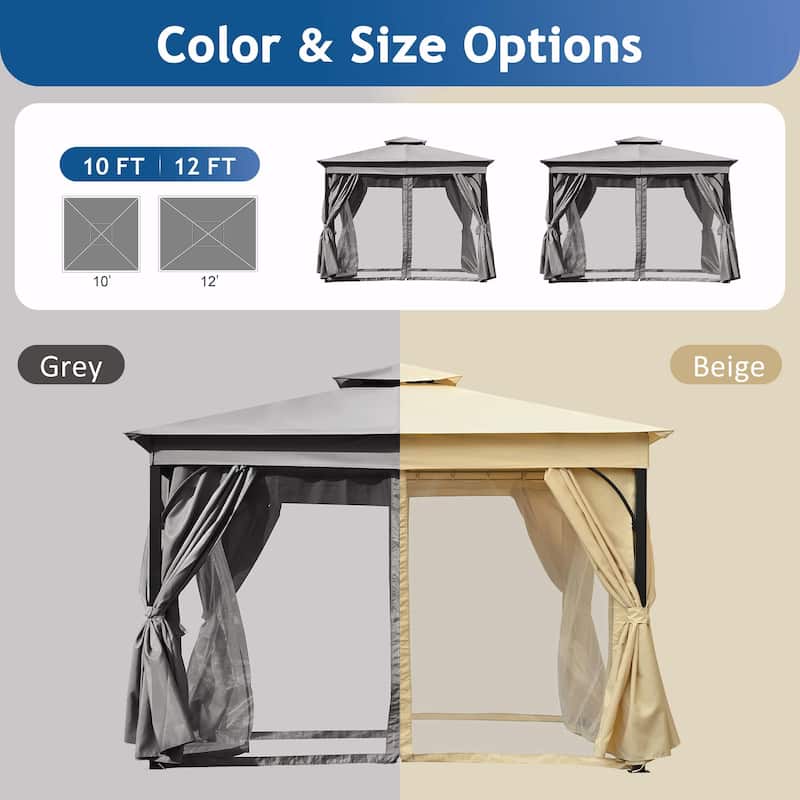 Outdoor Gazebo Tent with Double Roof, Mosquito Netting & Privacy Screens