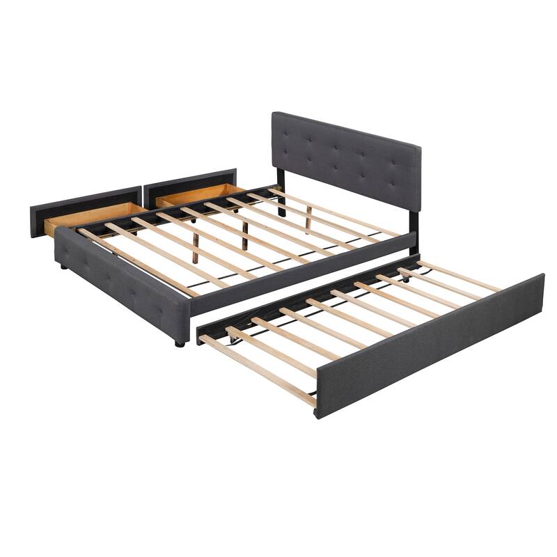 Queen Size Upholstered Bed with 2 Storage Drawers & Twin XL Trundle, Wooden Platform Bedframe, Tufted Headboard, Linen Fabric