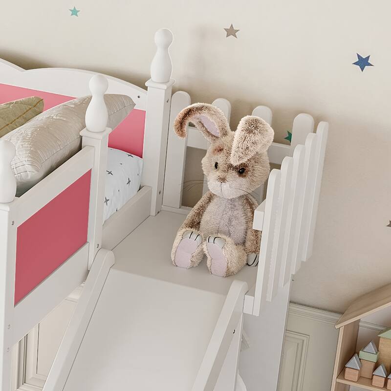 Twin Loft Bed with Storage Shelves and Wardrobe, Solid Wood Loft Beds with Detachable Slide and Ladders, No Spring Box Needed