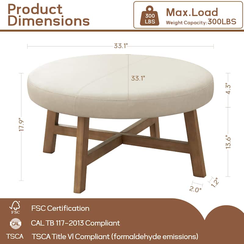 Round Upholstered Coffee Table with Solid Wood Base, Modern Fabric Ottoman Table for Living Room