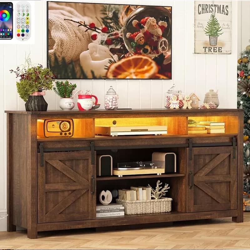 61.5 In Modern Large Farmhouse LED TV Stand for 65/70 Inch Brown - 62 inches