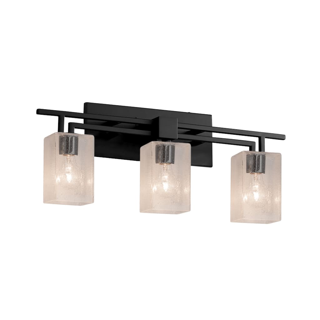 Justice Design Fusion Aero 3-light Matte Black Bath Bar, Seeded Square w/ Flat Rim Shade