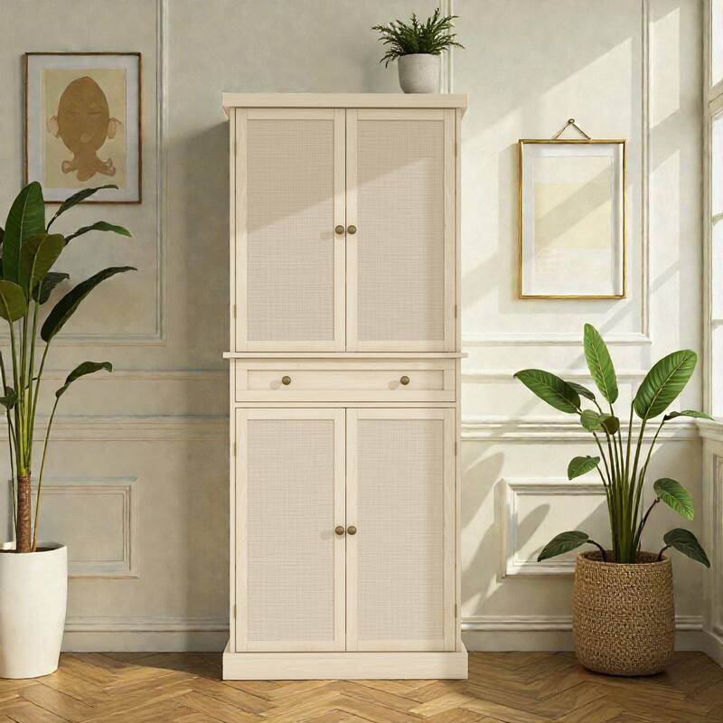 4 Door Storage Cabinet with Drawer, Adjustable Shelves Rattan Accent Cabinet with Anti-Tip Design - Natural