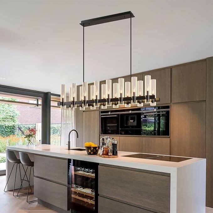 54 Inch Black Chandelier Linear with Clear Glass Shade, 16-Lights Ceiling Pendant Light Fixture,NO INCLUDED BULBS