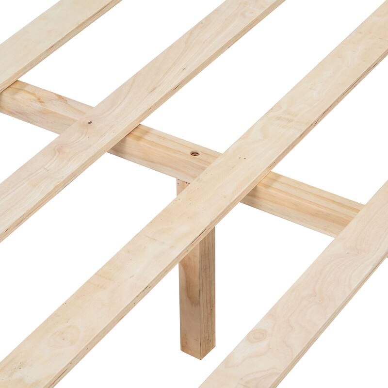 Solid Pinewood Platform Bed, Boho Style Queen Size Bed Frame with Woven Leather Headboard, Wooden Slat Support