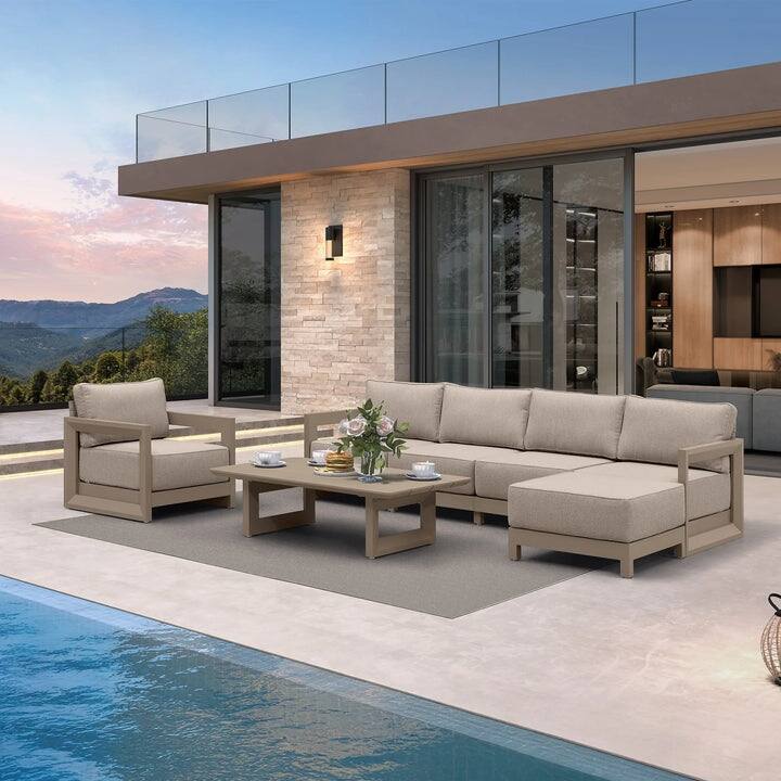 PURPLE LEAF Caesar Open-End Khaki Outdoor Couch with 9.6" Thick for Yard Porch Deck Patio Conversation Sets - 5 Seats+1 Ottoman+1 Table - Open-End