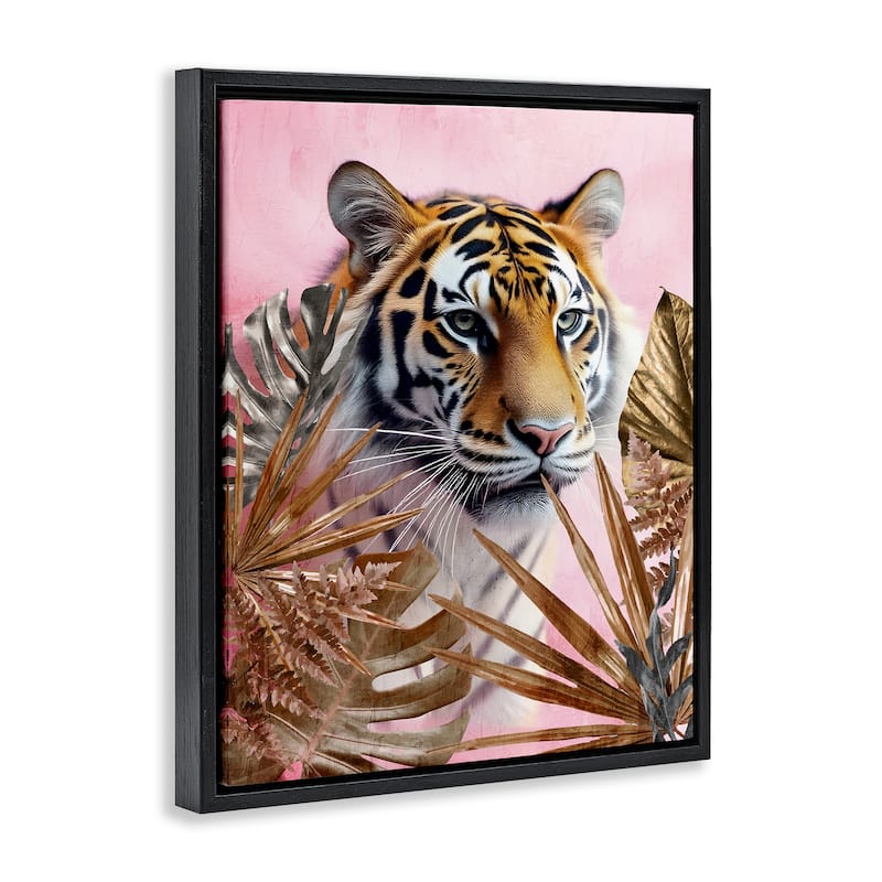 Stupell Exotic Tiger with Gold Leaves Framed Floater Canvas Wall Art Design By Kim Allen