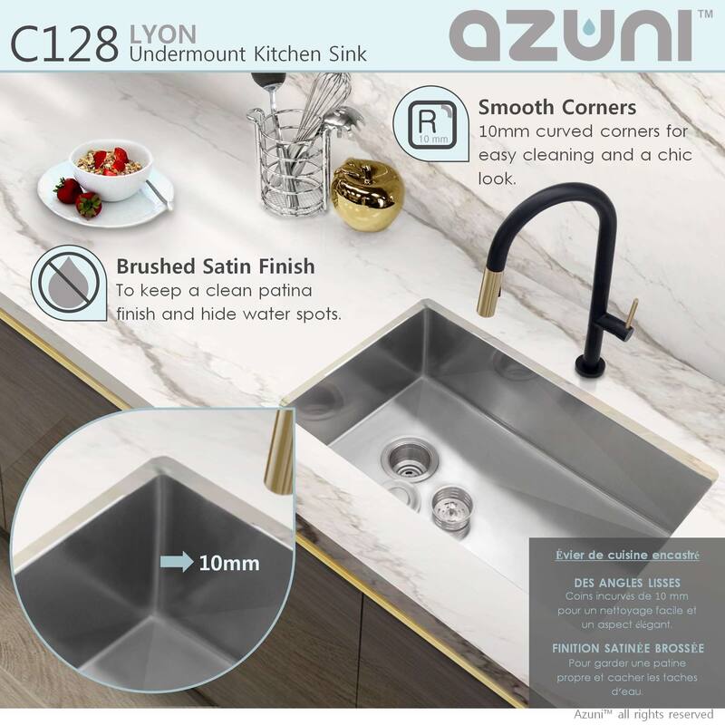 AZUNI 28 inches L x 18 inches W Single Bowl Undermount 16G Reversible Kitchen Sink with Grid and Basket Strainer C128