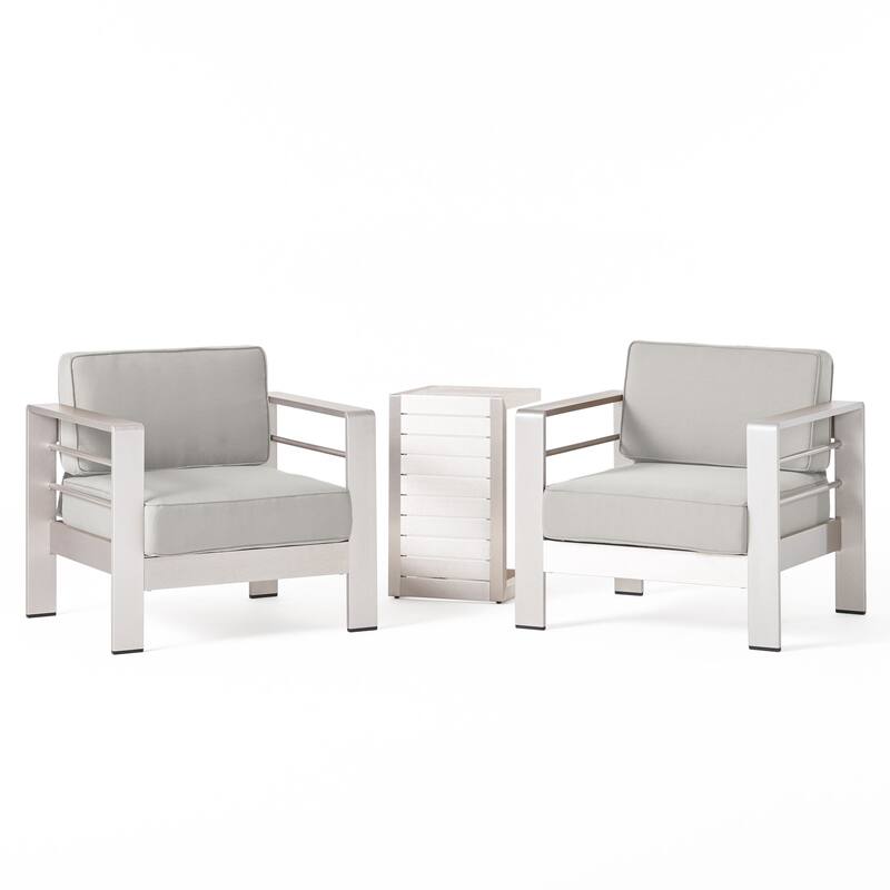 Cape Coral Outdoor Aluminum 3 Piece Chat Set with C Shaped Table by Christopher Knight Home