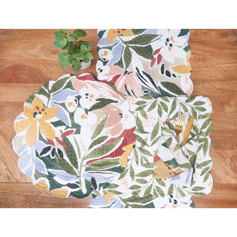 Joelle Floral Flowers Palm Leaf Vibrant Scalloped Placemats Set of 6, 13" x 19"