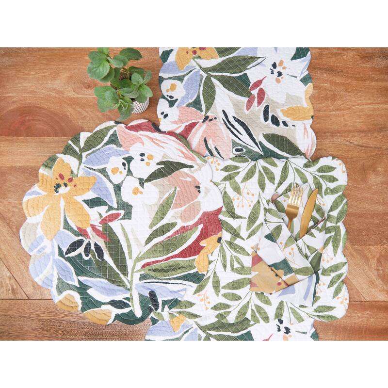 Joelle Floral Flowers Palm Leaf Vibrant Scalloped Round Placemats Set of 6, 17" - Multicolored