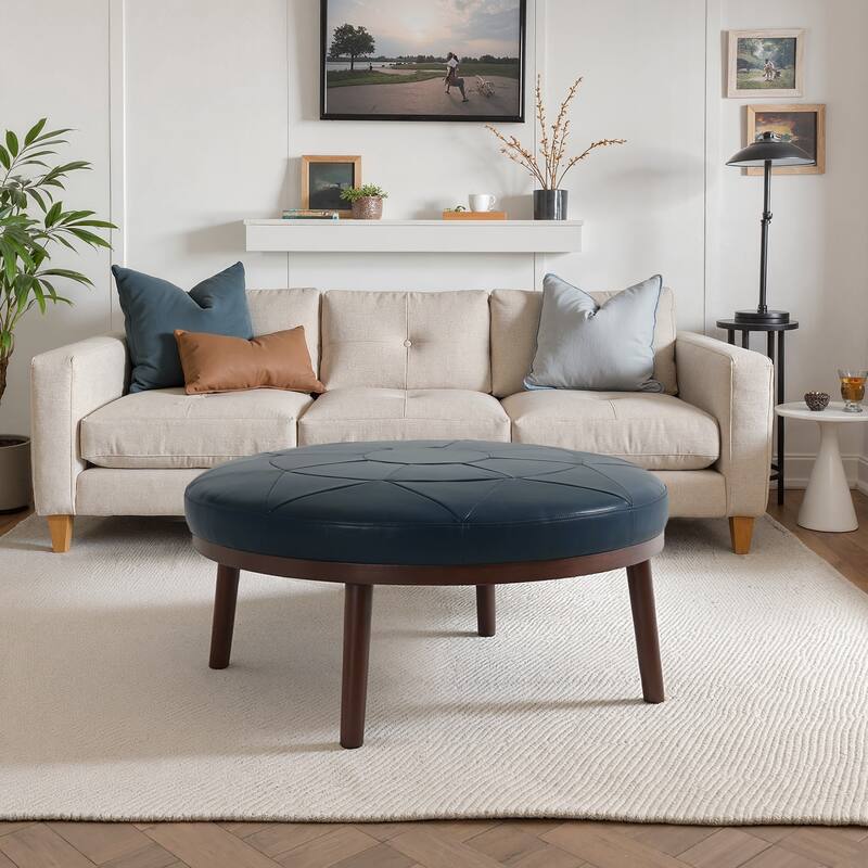 UIXE Full Grain Genuine Italian Leather Round Ottoman Modern Oversize Side Tble