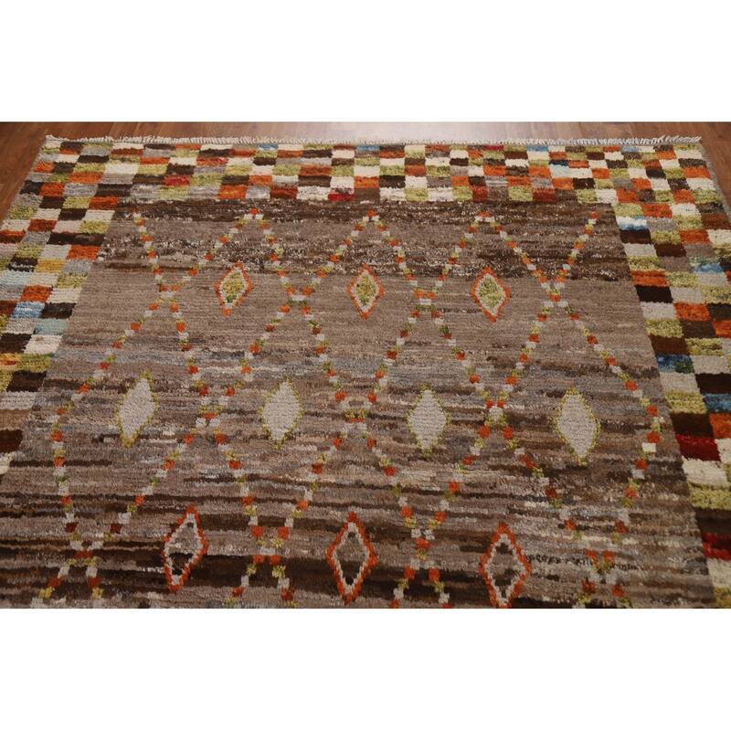 Hand Knotted Oriental 100% Wool Carpet Tribal Checkered Brown Moroccan Area Rug - 9' 10'' X 6' 10''