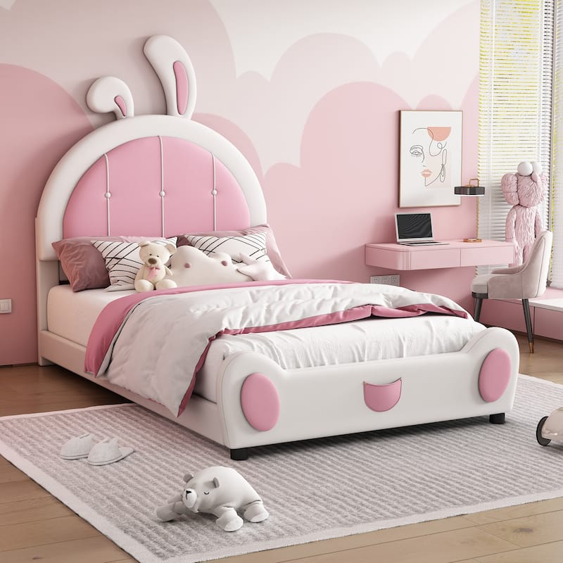 Adorable White Twin Upholstered Bed with Rabbit-Shaped Headboard! - White+Pink