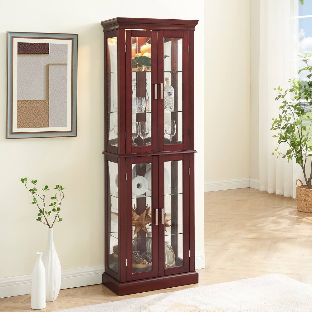 Lighted Curio Display Cabinet with Tempered Glass Doors, Curio Cabinet with Adjustable Shelves & Mirrored Back Panel