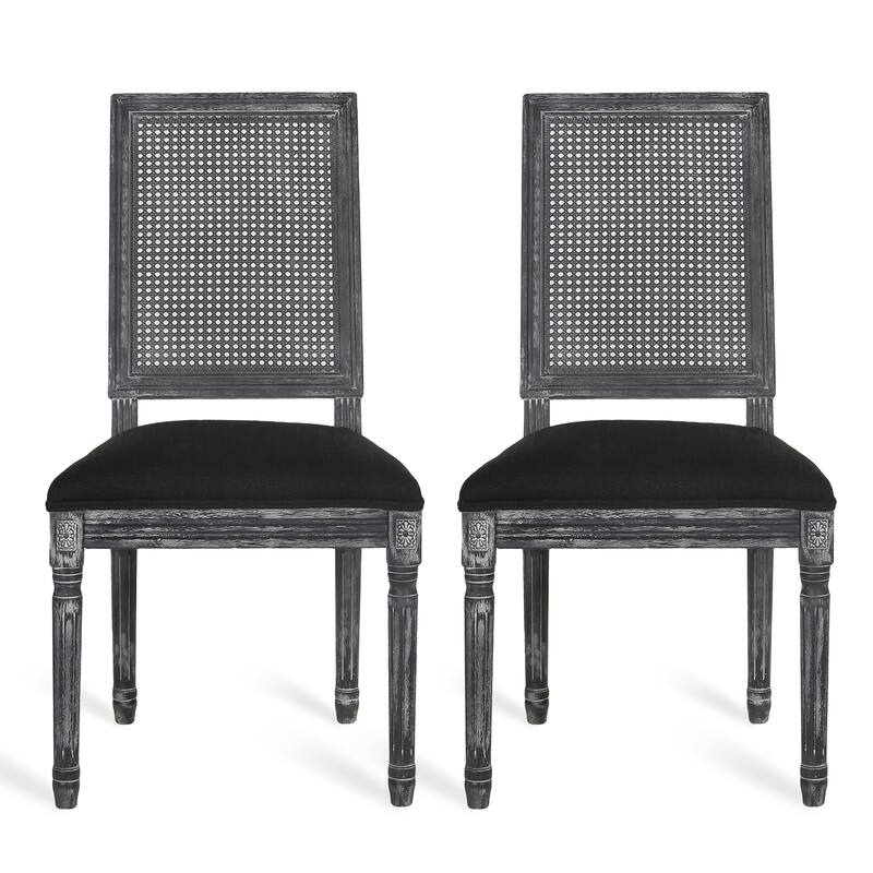 Set of 2 Office Chair Leisure Chair Upholstered Chair with Rectangular Rattan Backrest, Black Dining Chair Side Chair