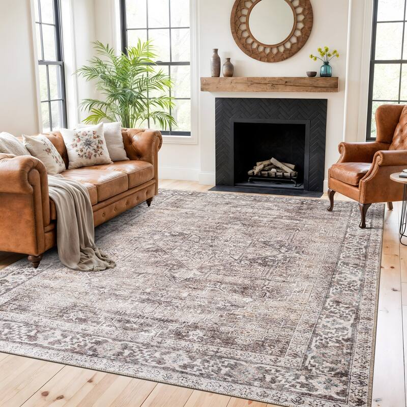 Classic Washable Non-Slip Area Rug, Flat Pile Design for Any Room - 7'7" x 9'6" - Beige
