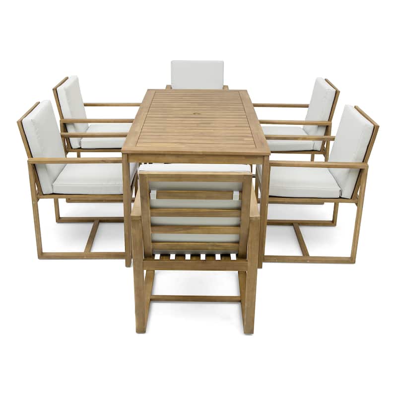 7-Piece Outdoor Patio Acacia Wood Dining Set with Umbrella Hole and 6 Cushioned Armchairs
