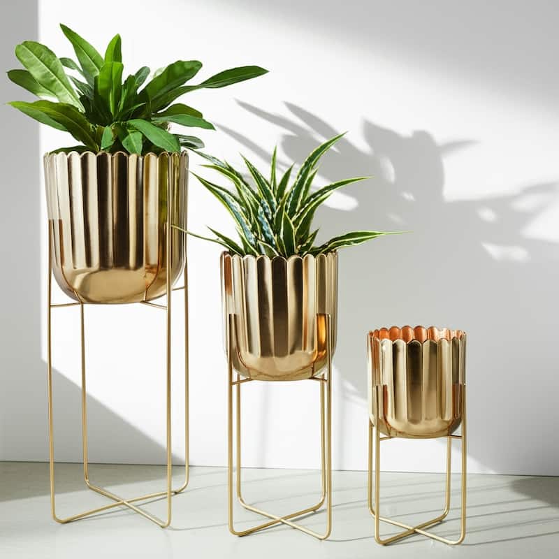 Metal Planter on Stand Scalloped Finish (Set of 3) - 7", 9", 10" Gold - 9.75" x 9.75" x 27"