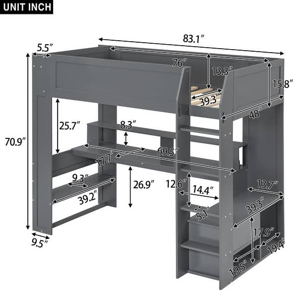 dimension image slide 1 of 2, Wooden Loft Bed with Desk Storage Shelves LED & Charging Station
