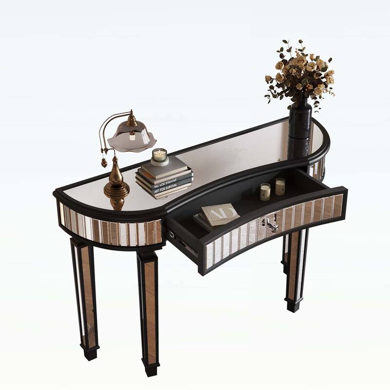 Half-Moon Mirrored Console Table with Fluted Glass,Crystal Knob Drawer