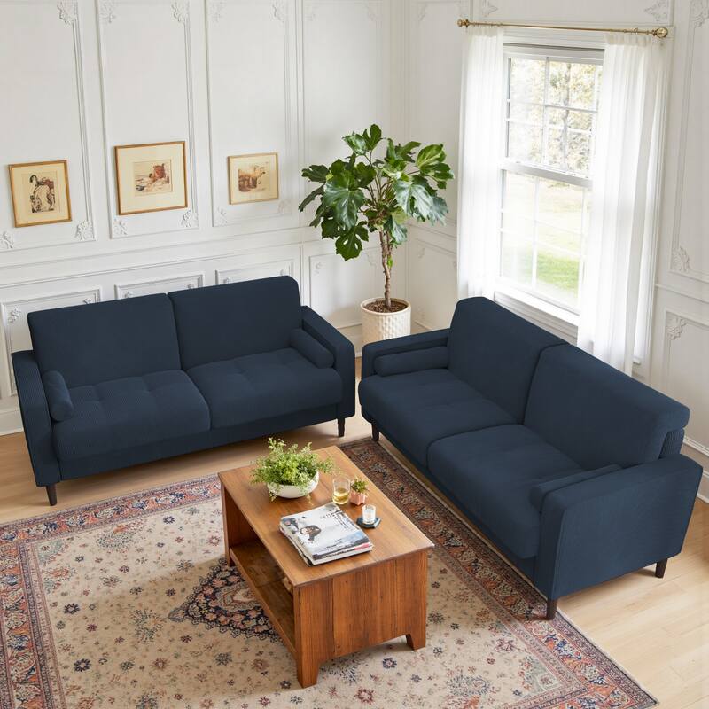 Modern Corduroy Upholstered Loveseat with Bolster Pillows and Wood Legs