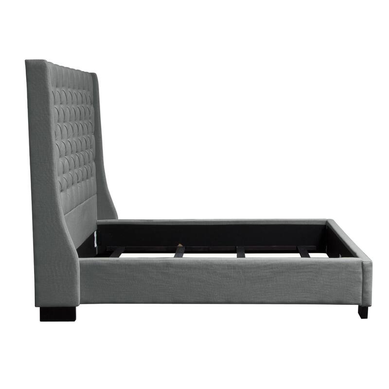 Zoa King Size Bed in Dark Gray Linen Upholstery, Wingback Headboard