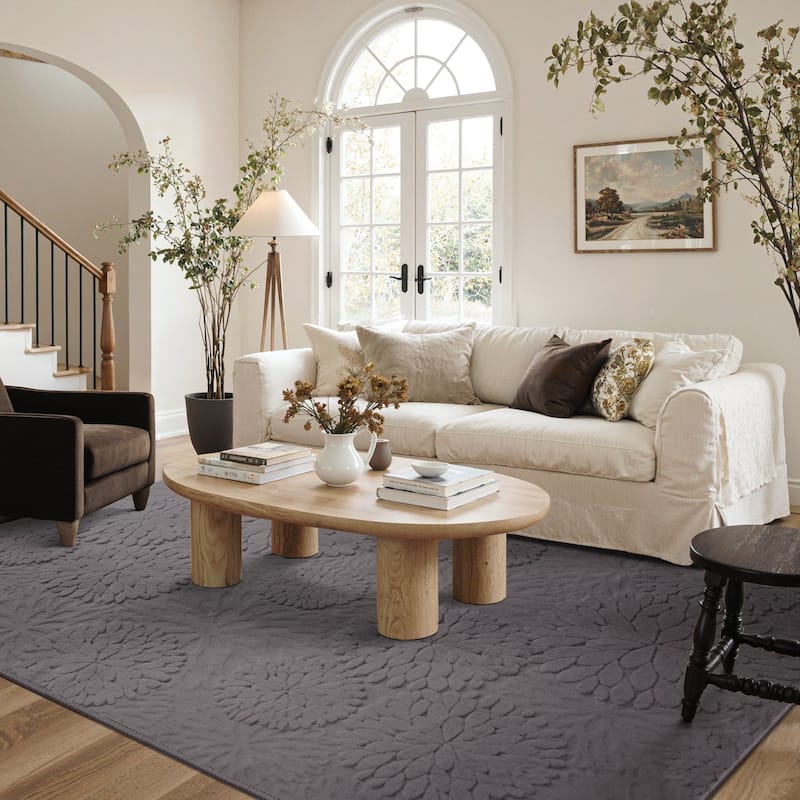 Mcow 3D Floral High-Low Textured Plush Washable Non-Slip Area Rug - Dark Grey - 8' x 10'